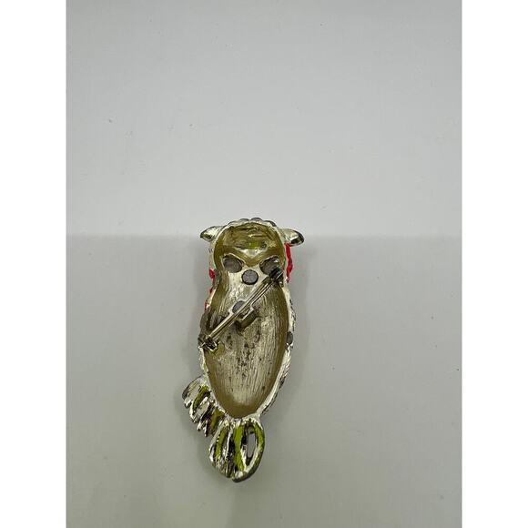Vintage 1970's Enamel Green Rhinestone Owl Eyes Brooch Pin - Picture 2 of 4